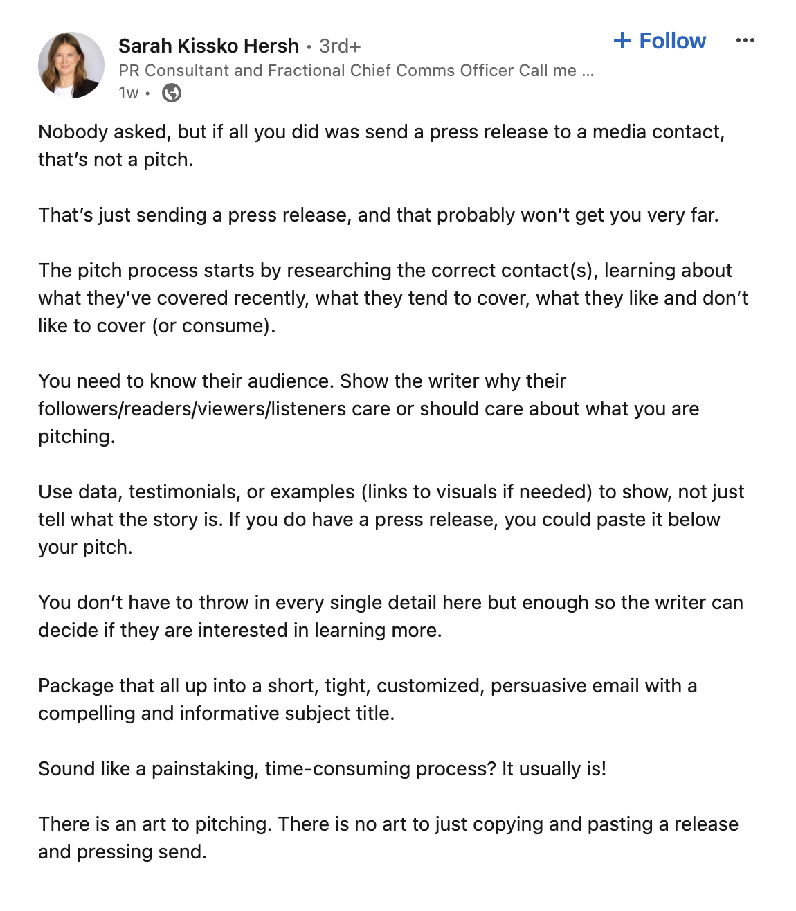 linkedin post from Sarah Kissko Hersh